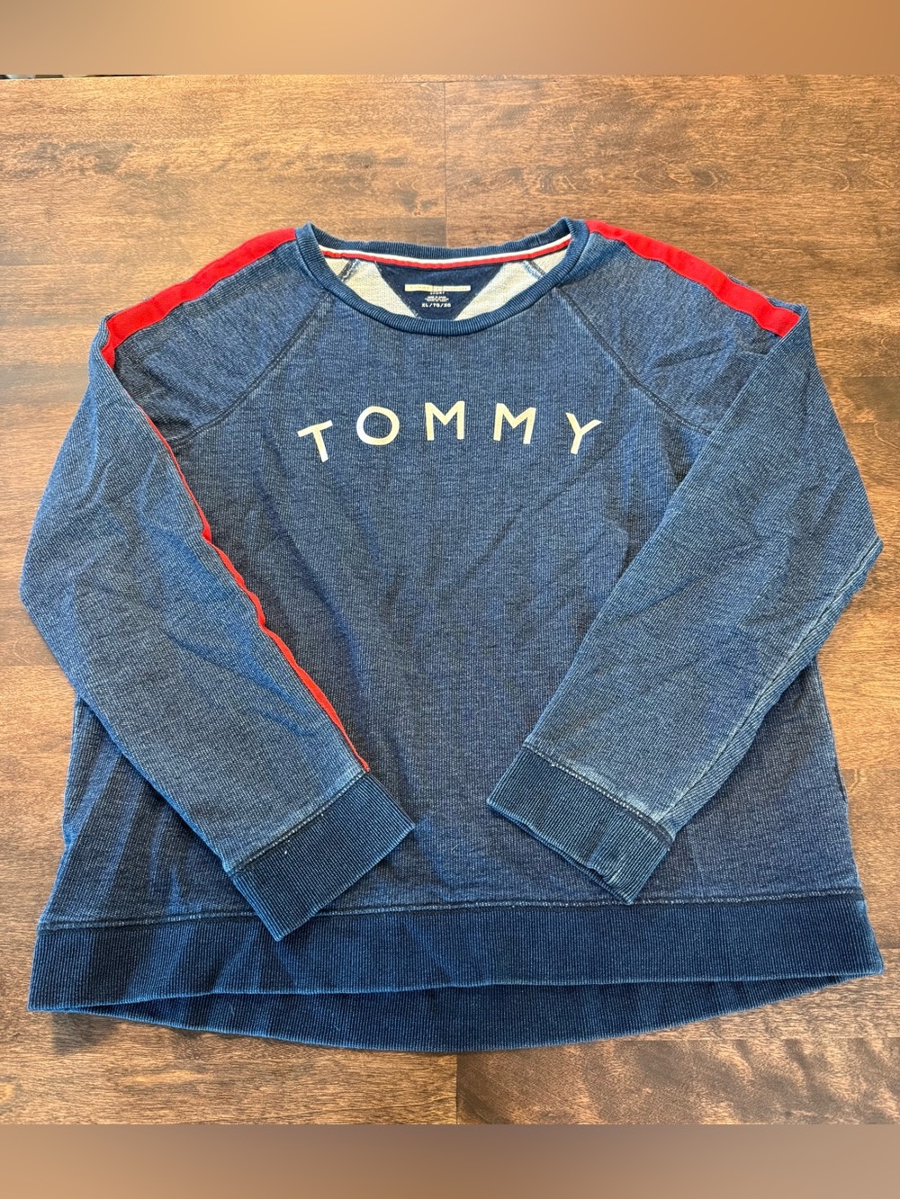 Tommy Hilfiger Sport Navy Crewneck Sweatshirt with Red Shoulder Stripes